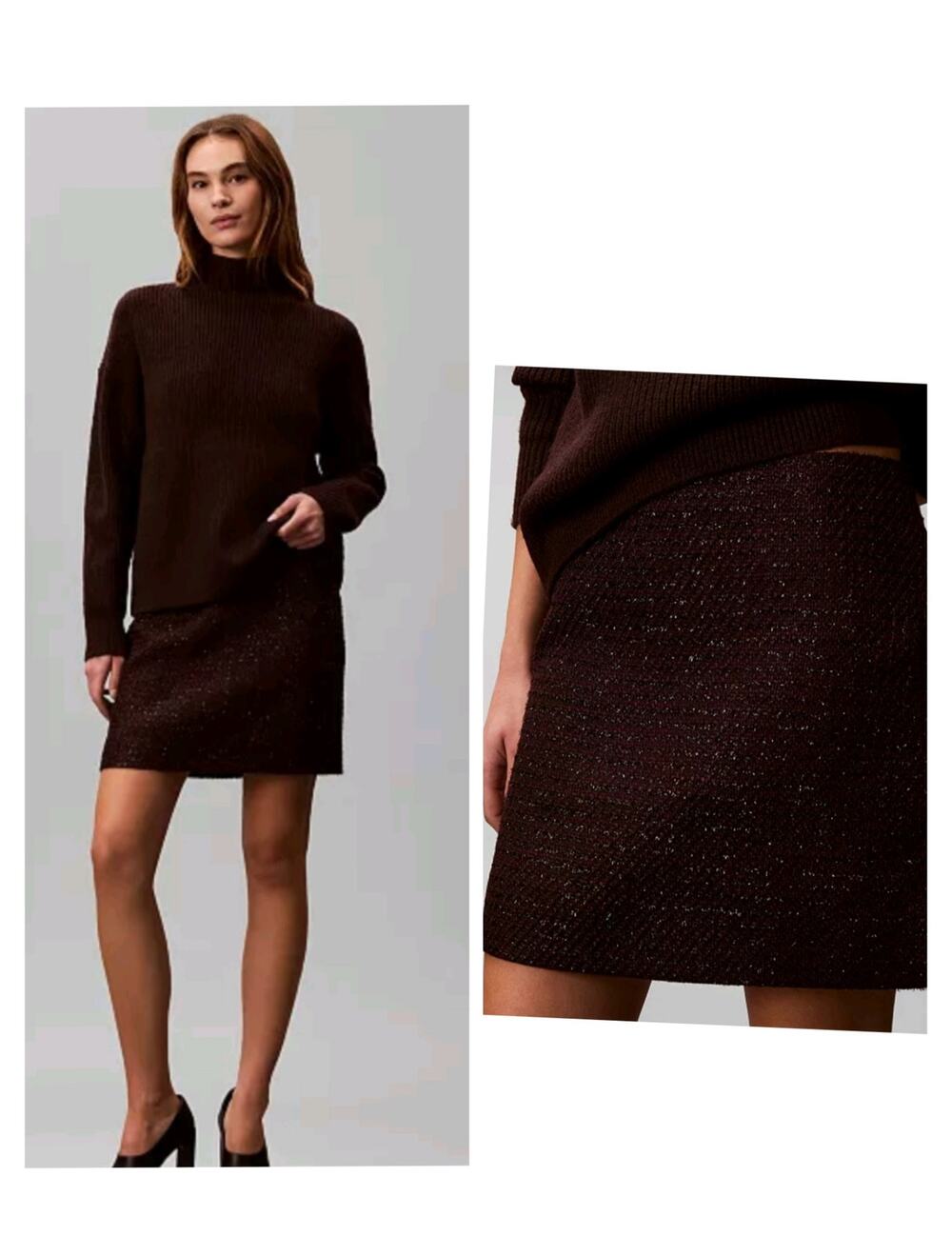 5816) Calvin Klein Women Textured Tweed Mocha Brown Mini Skirt Size 4
